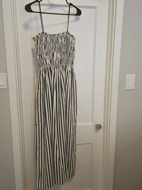 Commense Black & White Striped Smocked Maxi Dress